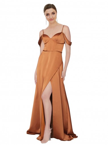 Long Cold Shoulder Silk like Satin Orange A-Line Formal Evening Gown / Prom Dress / Bridesmaid Dress Newcastle