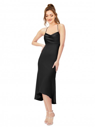 Midi Length Sleeveless Silk like Satin Black Sheath High Low Evening Gown / Prom Dress / Bridesmaid Dress Newcastle