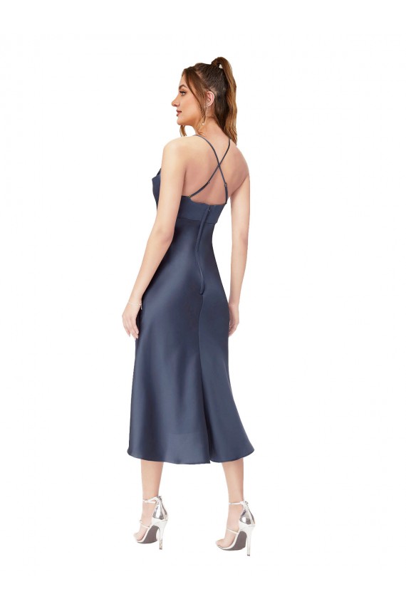Midi Length Sleeveless Silk like Satin Black Sheath High Low Evening Gown / Prom Dress / Bridesmaid Dress Newcastle