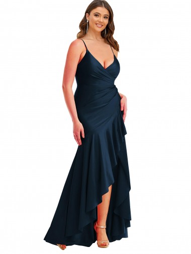 Long Sleeveless Silk like Satin Dark Navy Mermaid High Low Plus Size Evening Gown / Prom Dress / Bridesmaid Dress Newcastle