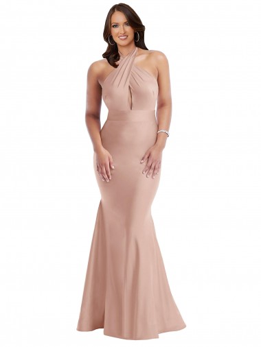 Long Sleeveless Silk like Satin Dusty Pink Halter Neck Mermaid Formal Plus Size Evening Gown / Prom Dress / Bridesmaid Dress Newcastle