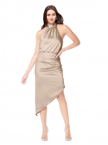 Midi Length Sleeveless Silk like Satin Champagne Pink A-Line High Low Prom Dress / Bridesmaid Dress Newcastle