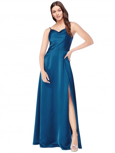 Long Sleeveless Silk like Satin Peacock Blue Spaghetti Straps A-Line Formal Evening Gown / Prom Dress / Bridesmaid Dress Newcastle