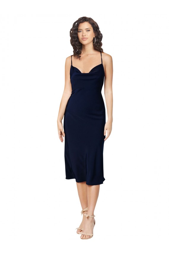 Midi Length Sleeveless Silk like Satin Dark Navy Spaghetti Straps A-Line Formal Evening Gown / Prom Dress / Bridesmaid Dress Newcastle