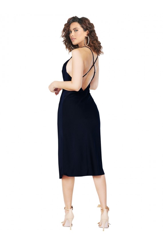 Midi Length Sleeveless Silk like Satin Dark Navy Spaghetti Straps A-Line Formal Evening Gown / Prom Dress / Bridesmaid Dress Newcastle