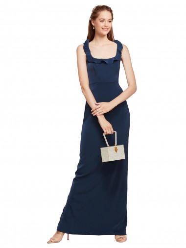 Long Sleeveless Stretch Crepe Dark Navy Scoop Neck Sheath Formal Evening Gown / Prom Dress / Bridesmaid Dress Newcastle