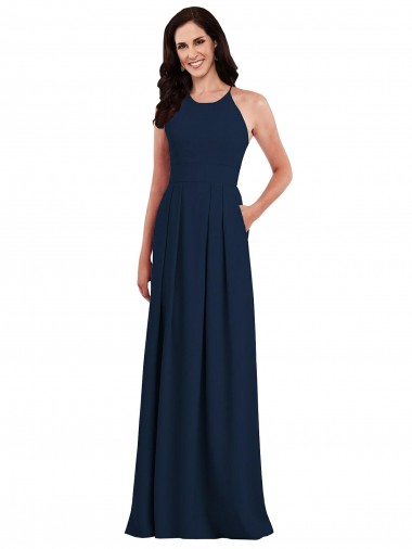 Long Sleeveless Stretch Crepe Dark Navy Trumpet Semi Formal Evening Dress / Bridesmaid Dress Newcastle