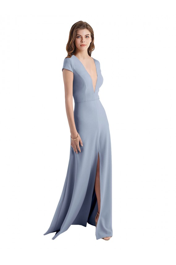 Long Cap Sleeves Stretch Crepe Smoke Blue Sheath Prom Dress / Bridesmaid Dress Newcastle