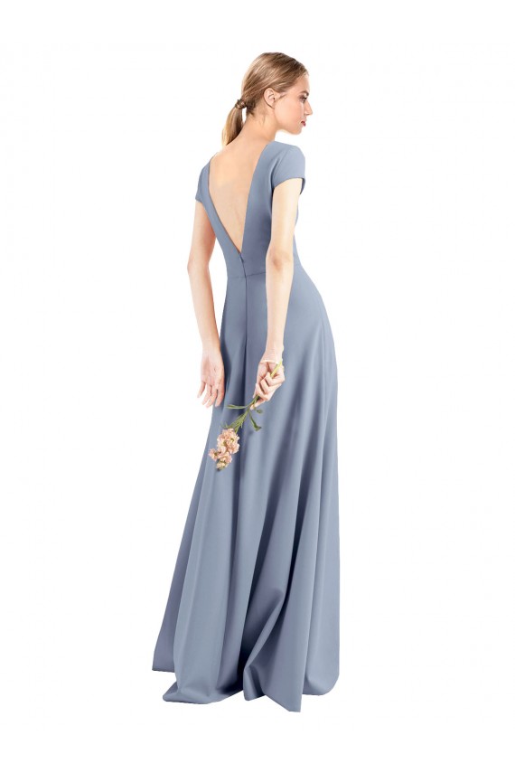 Long Cap Sleeves Stretch Crepe Smoke Blue Sheath Prom Dress / Bridesmaid Dress Newcastle
