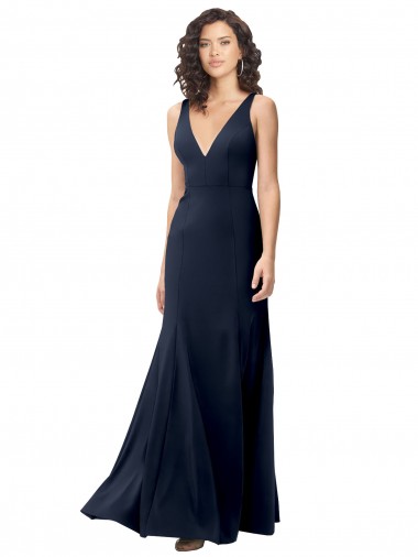 Long Sleeveless Stretch Crepe Dark Navy V-Neck A-Line Formal Dress / Bridesmaid Dress Newcastle