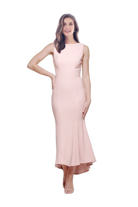 Midi Length Sleeveless Stretch Crepe Pink Sheath High Low Evening Gown / Prom Dress / Bridesmaid Dress Newcastle