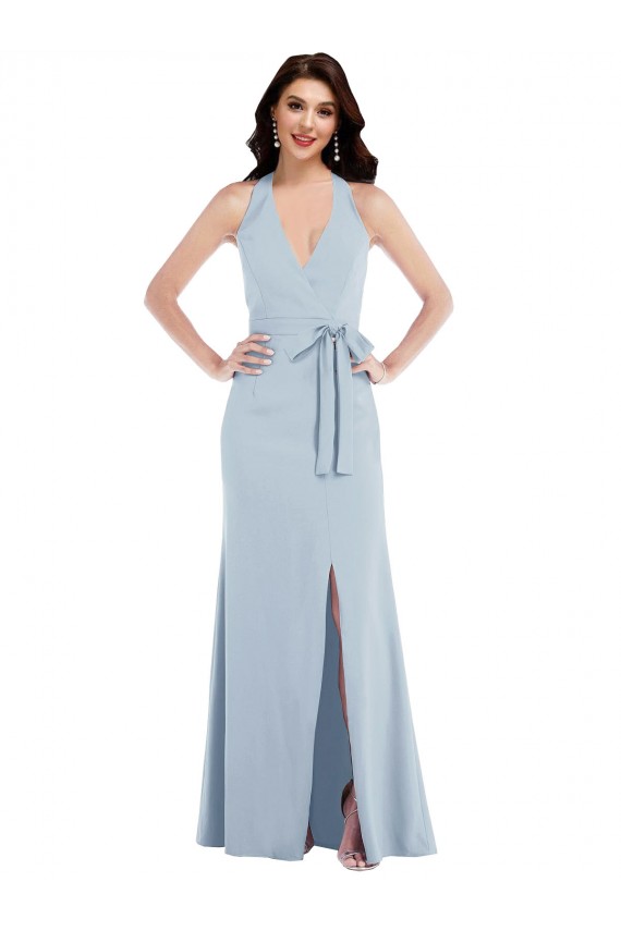 Long Sleeveless Stretch Crepe Light Sky Blue Halter Neck A-Line Formal Evening Gown / Prom Dress / Bridesmaid Dress Newcastle