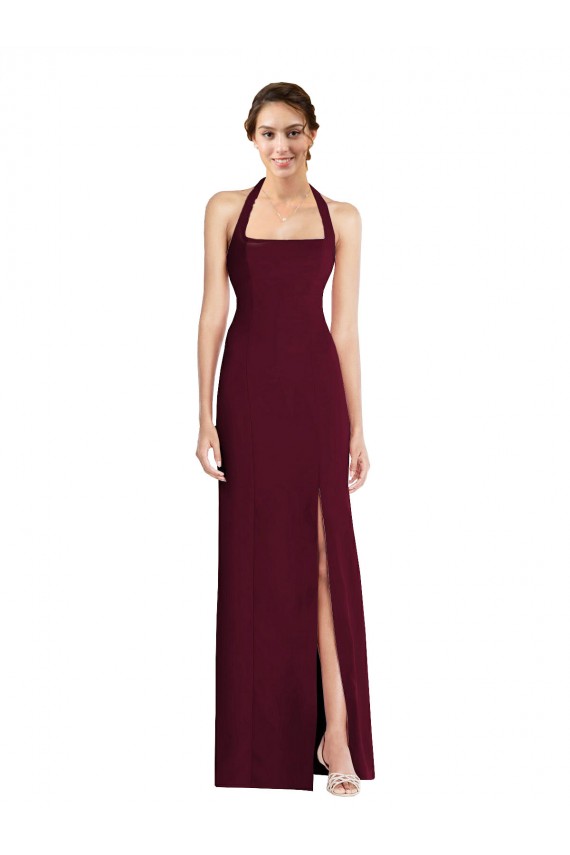 Long Sleeveless Stretch Crepe Burgundy Gold Halter Neck Trumpet Semi Formal Evening Dress / Prom Dress / Bridesmaid Dress Newcastle