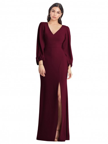 Long Puff Sleeves Stretch Crepe Burgundy Gold Trumpet Semi Formal Evening Dress / Prom Dress / Bridesmaid Dress Newcastle