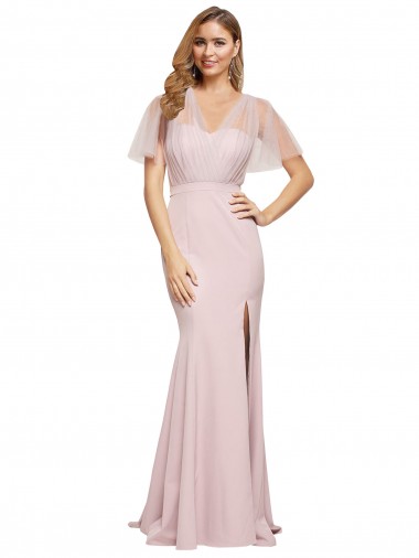 Short Sleeves Long Stretch Crepe & Tulle Mauve Sheath Formal Evening Gown / Prom Dress / Bridesmaid Dress Newcastle