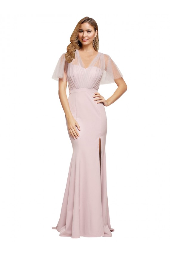 Short Sleeves Long Stretch Crepe & Tulle Mauve Sheath Formal Evening Gown / Prom Dress / Bridesmaid Dress Newcastle