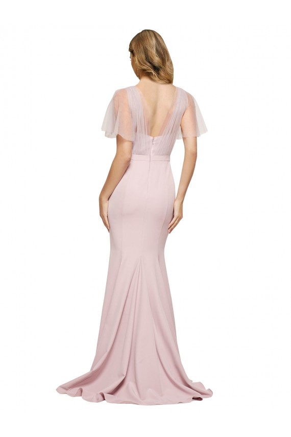 Short Sleeves Long Stretch Crepe & Tulle Mauve Sheath Formal Evening Gown / Prom Dress / Bridesmaid Dress Newcastle