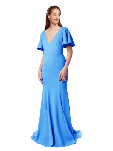 Sweep Train Short Sleeves Stretch Crepe Peacock Blue Mermaid, Sheath Prom Dress / Bridesmaid Dress Newcastle