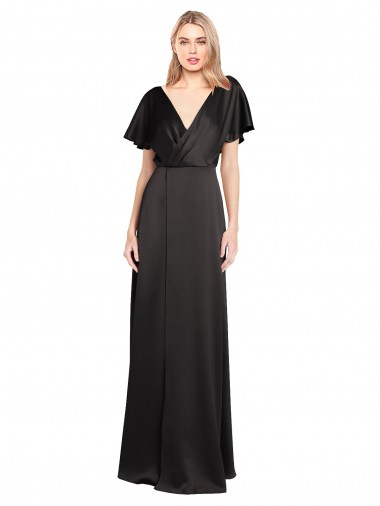 Long Cap Sleeves Stretch Satin Black A-Line Bridesmaid Dress / Evening Dress Newcastle