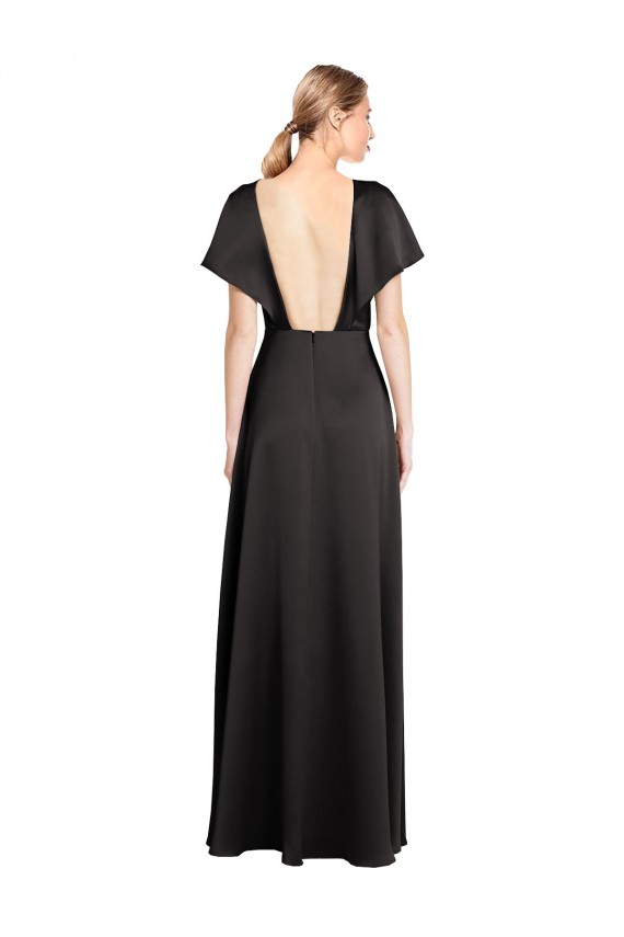 Long Cap Sleeves Stretch Satin Black A-Line Bridesmaid Dress / Evening Dress Newcastle
