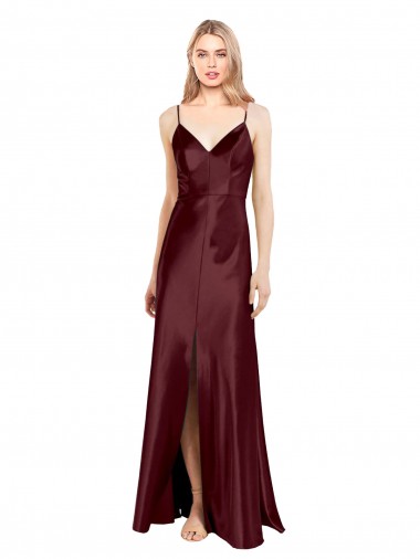 Long Sleeveless Stretch Satin Burgundy Gold A-Line Bridesmaid Dress / Evening Dress Newcastle