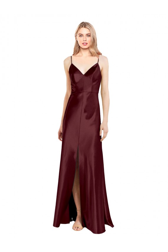 Long Sleeveless Stretch Satin Burgundy Gold A-Line Bridesmaid Dress / Evening Dress Newcastle