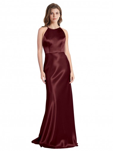 Long Sleeveless Stretch Satin Burgundy Gold A-Line Formal Evening Gown / Prom Dress / Bridesmaid Dress Newcastle