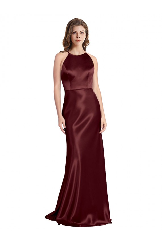 Long Sleeveless Stretch Satin Burgundy Gold A-Line Formal Evening Gown / Prom Dress / Bridesmaid Dress Newcastle