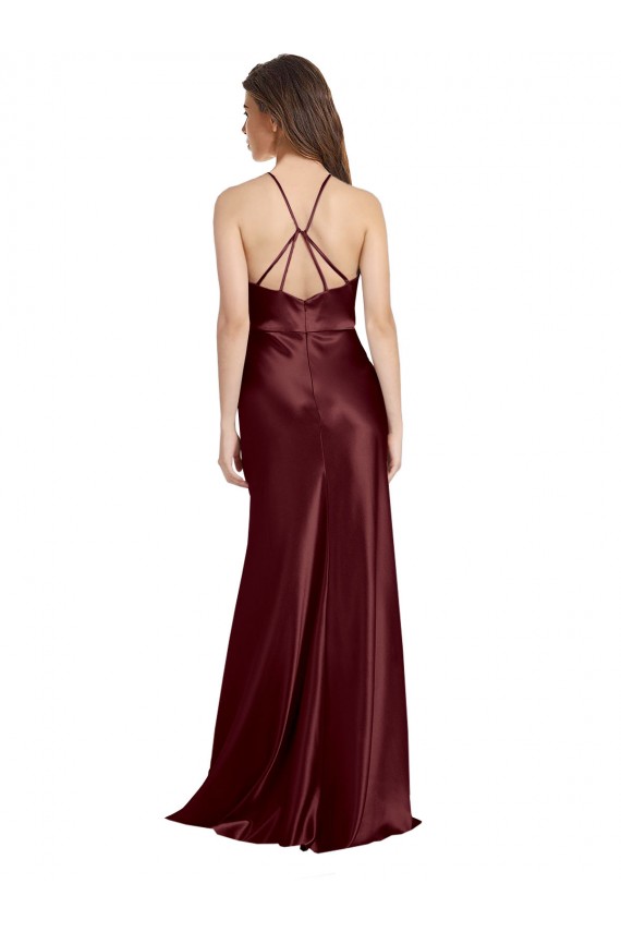 Long Sleeveless Stretch Satin Burgundy Gold A-Line Formal Evening Gown / Prom Dress / Bridesmaid Dress Newcastle