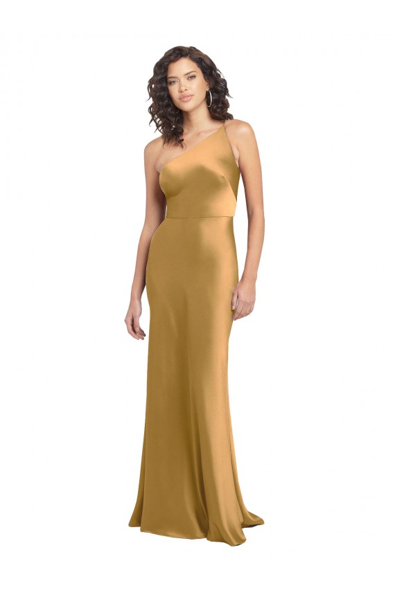 Long Sleeveless Stretch Satin Gold A-Line Formal Evening Gown / Prom Dress / Bridesmaid Dress Newcastle