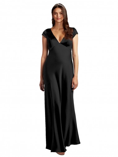 Long Cap Sleeves Stretch Satin Black A-Line Formal Evening Gown / Prom Dress / Bridesmaid Dress Newcastle