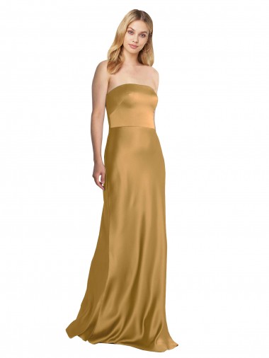 Long Sleeveless Stretch Satin Gold Strapless A-Line Formal Evening Gown / Prom Dress / Bridesmaid Dress Newcastle