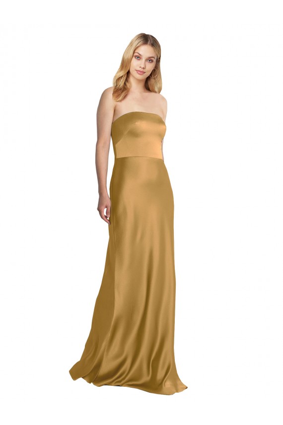 Long Sleeveless Stretch Satin Gold Strapless A-Line Formal Evening Gown / Prom Dress / Bridesmaid Dress Newcastle