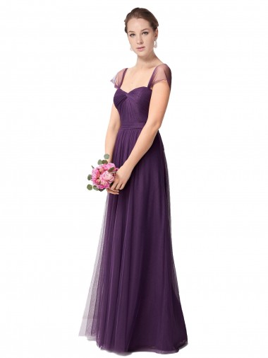 Long Cap Sleeves Tulle Plum Purple A-Line Bridesmaid Dress Newcastle
