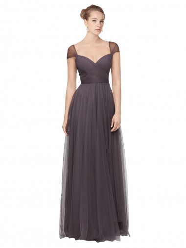 Long Cap Sleeves Tulle Pewter A-Line Bridesmaid Dress Newcastle