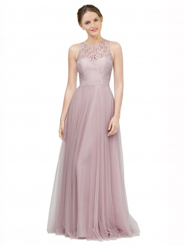 Long Sleeveless Tulle & Lace Light Lilac A-Line Bridesmaid Dress Newcastle