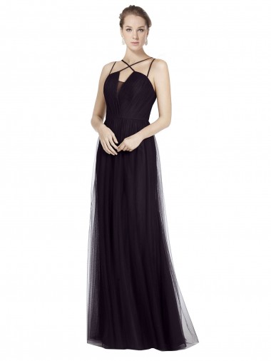 Long Sleeveless Tulle Black Spaghetti Straps A-Line Bridesmaid Gown Newcastle