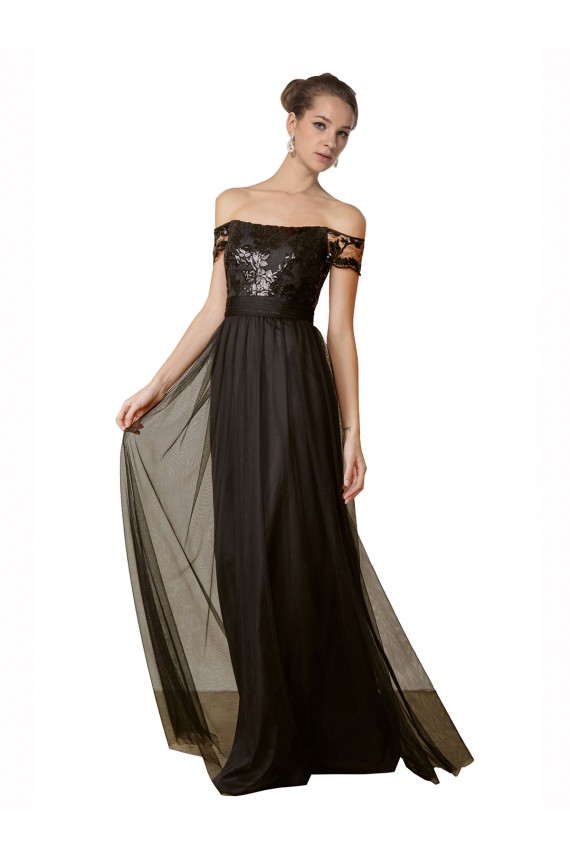 Long Sleeveless Tulle & Sequin Black A-Line Bridesmaid Dress Newcastle