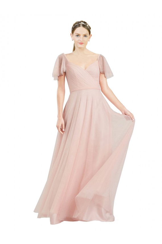 Long Flutter Sleeves Tulle Pink A-Line Formal Dress / Bridesmaid Dress Newcastle