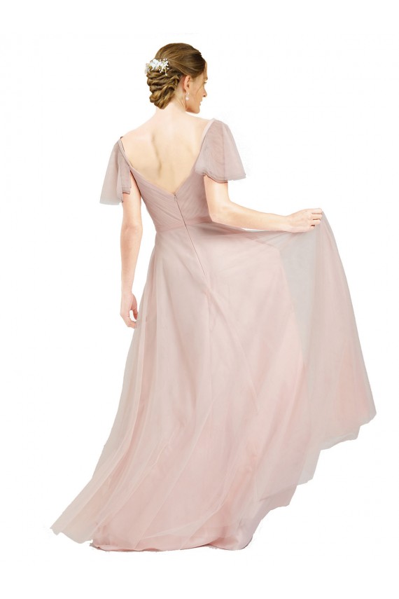 Long Flutter Sleeves Tulle Pink A-Line Formal Dress / Bridesmaid Dress Newcastle
