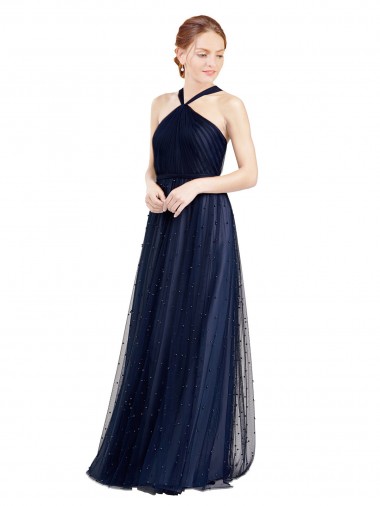 Long Sleeveless Tulle Navy Blue A-Line Bridesmaid Dress / Evening Dress Newcastle
