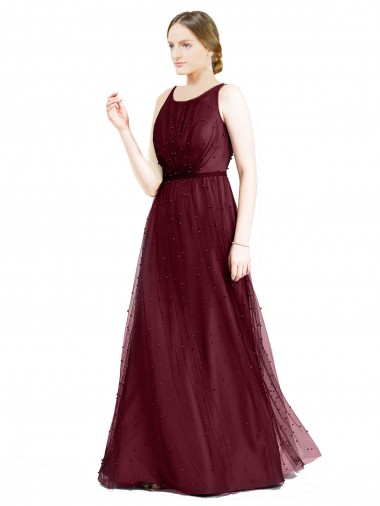 Long Sleeveless Tulle Burgundy Boat Neck A-Line Semi Formal Evening Dress / Bridesmaid Dress Newcastle