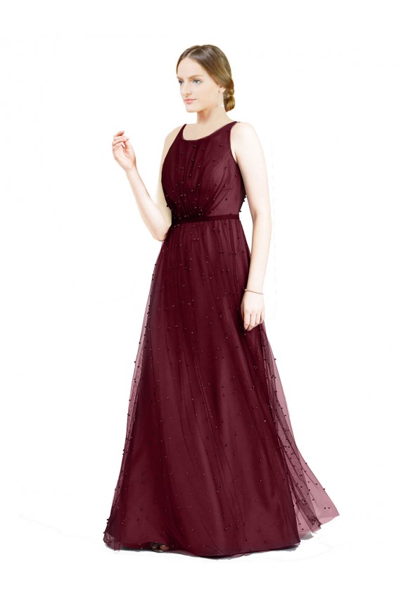 Long Sleeveless Tulle Burgundy Boat Neck A-Line Semi Formal Evening Dress / Bridesmaid Dress Newcastle