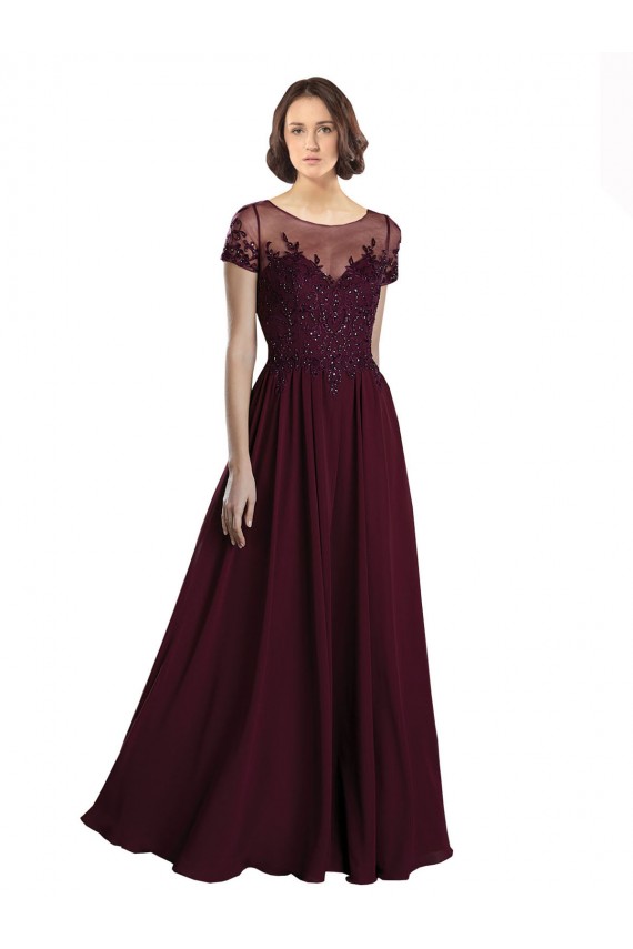 Long Cap Sleeves Tulle & Soft Chiffon Burgundy Gold A-Line Bridesmaid Dress Newcastle