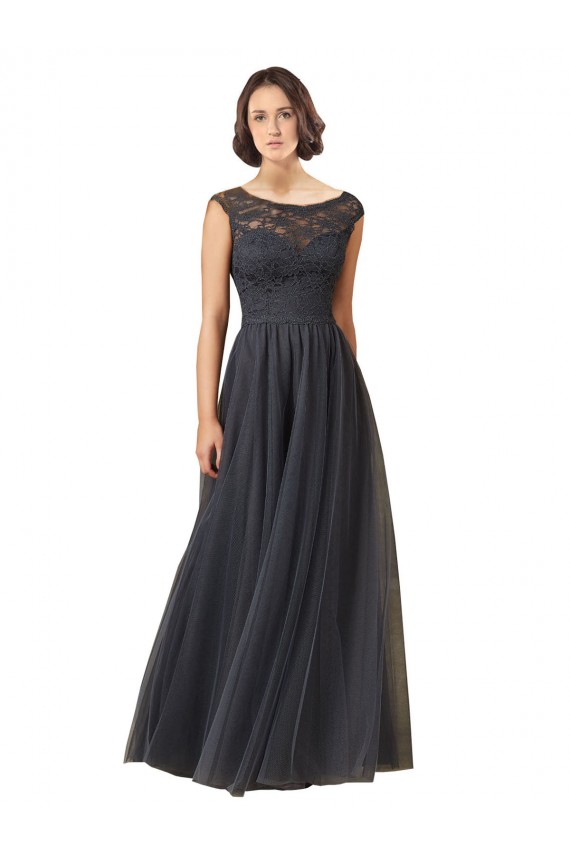Long Cap Sleeves Tulle & Lace Slate Grey A-Line Bridesmaid Dress Newcastle