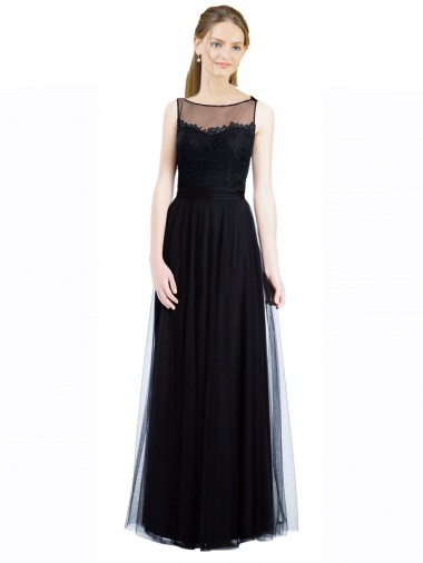 Long Sleeveless Tulle & Lace Black A-Line Bridesmaid Dress Newcastle