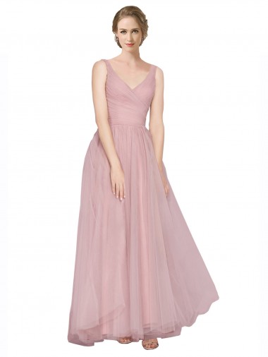 Long Sleeveless Tulle Pink V-Neck A-Line Bridesmaid Dress Newcastle
