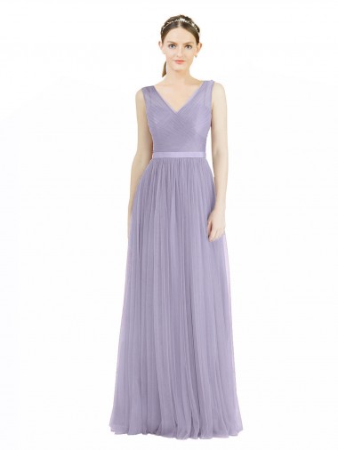 Long Sleeveless Tulle Lilac V-Neck A-Line Bridesmaid Dress Newcastle