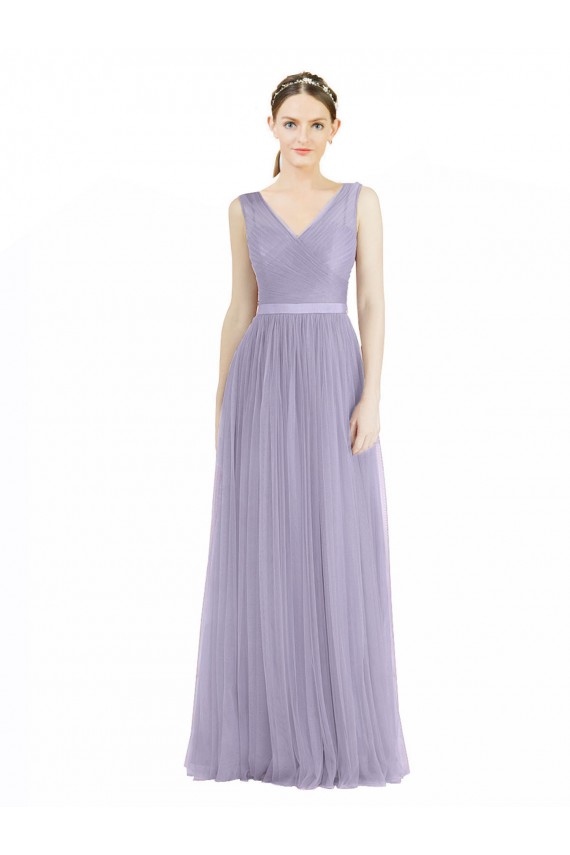 Long Sleeveless Tulle Lilac V-Neck A-Line Bridesmaid Dress Newcastle