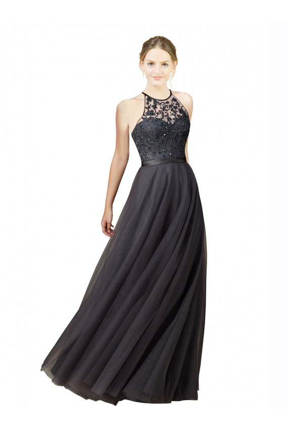 Long Sleeveless Tulle & Lace Slate Grey A-Line Bridesmaid Dress Newcastle
